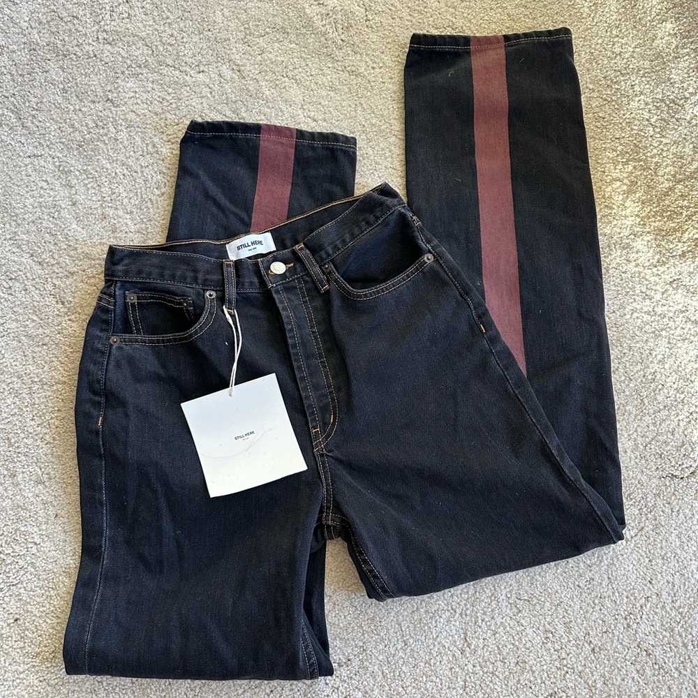 Still Here NYC Childhood Jeans high rise straight leg burgundy stripe NWT